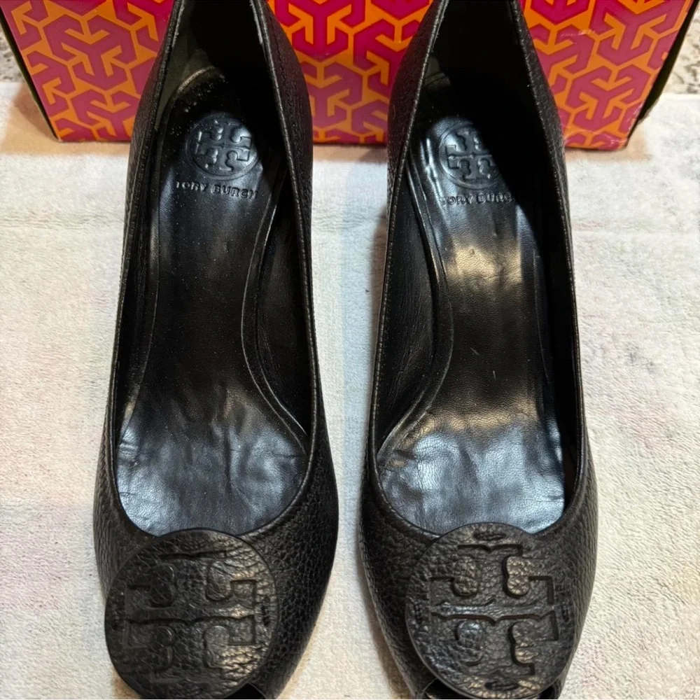 Tory Burch Black Leather Peep Toe Wedges - Picture 2 of 3